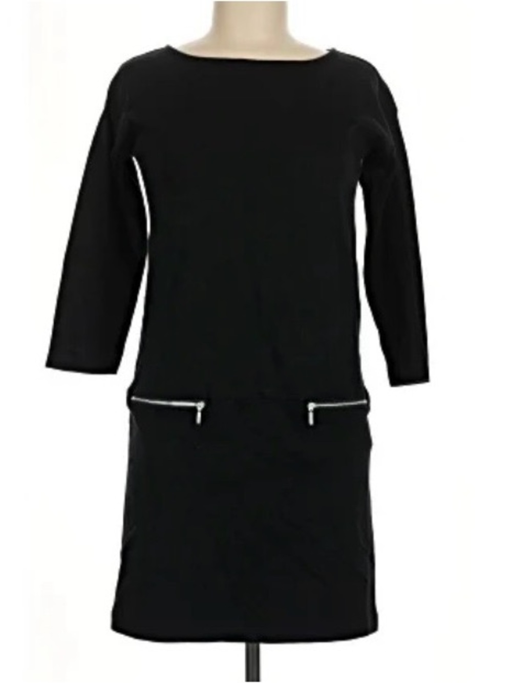Joan Vass Casual Mini Black Shift Dress with Front Zip Accents